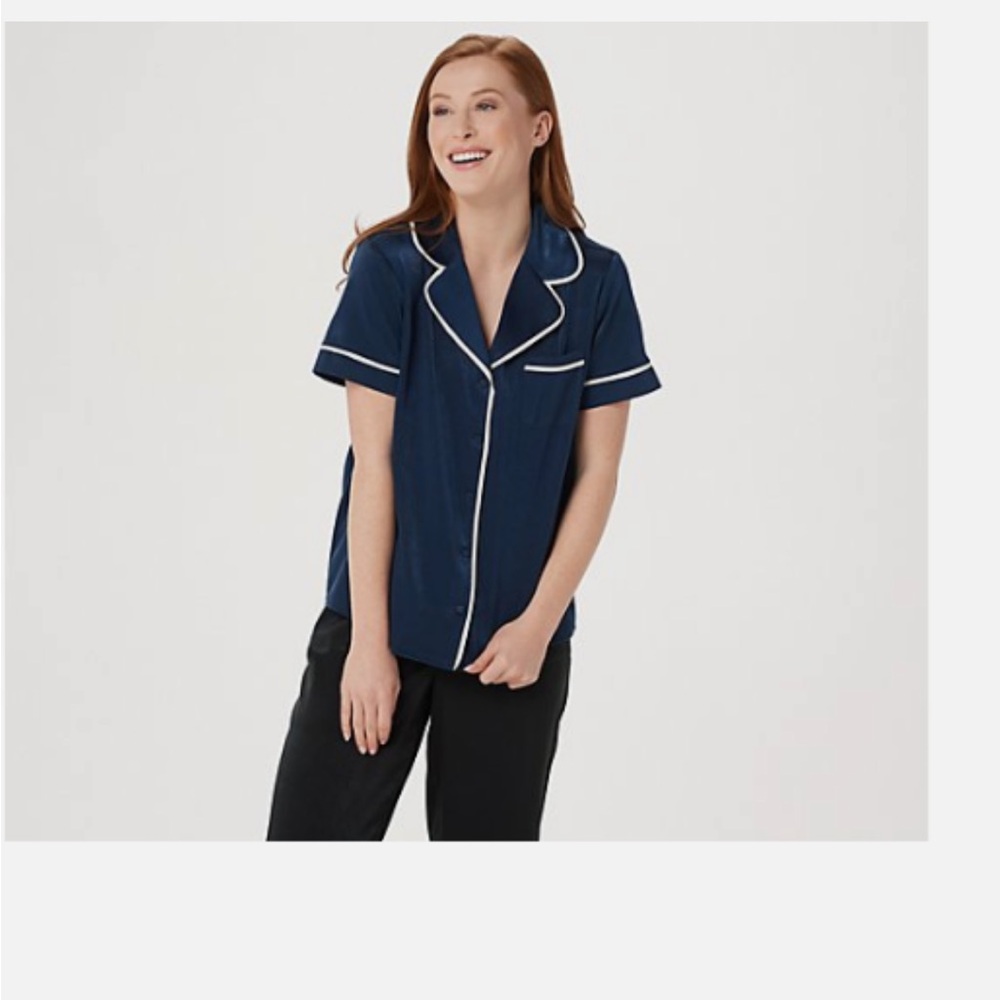 AnyBody Piped Satin Pajama Top-Navy-XXS-NEW-A353764